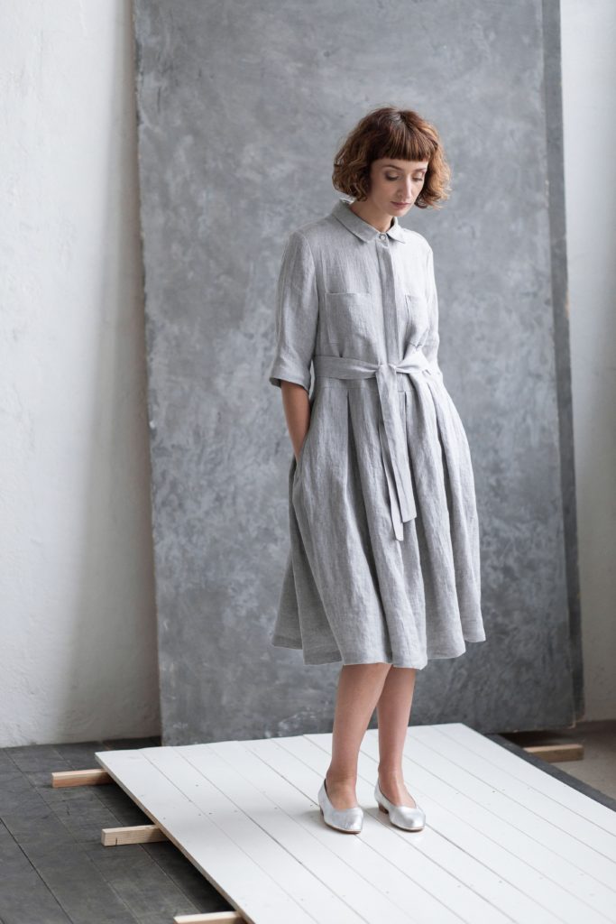 Linen shirt collar pleated skirt dress - Image 2