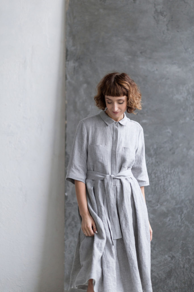 Linen shirt collar pleated skirt dress - Image 1