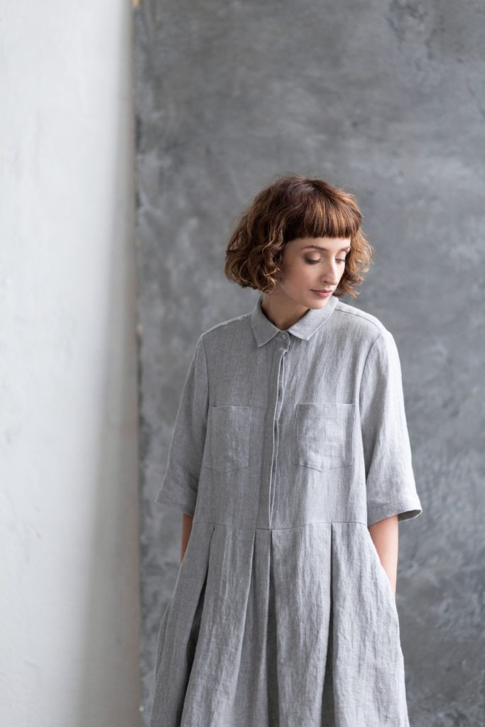 Linen shirt collar pleated skirt dress - Image 3
