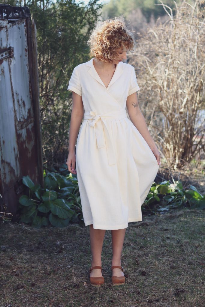 Linen revere collar wrap dress in ivory - Image 1