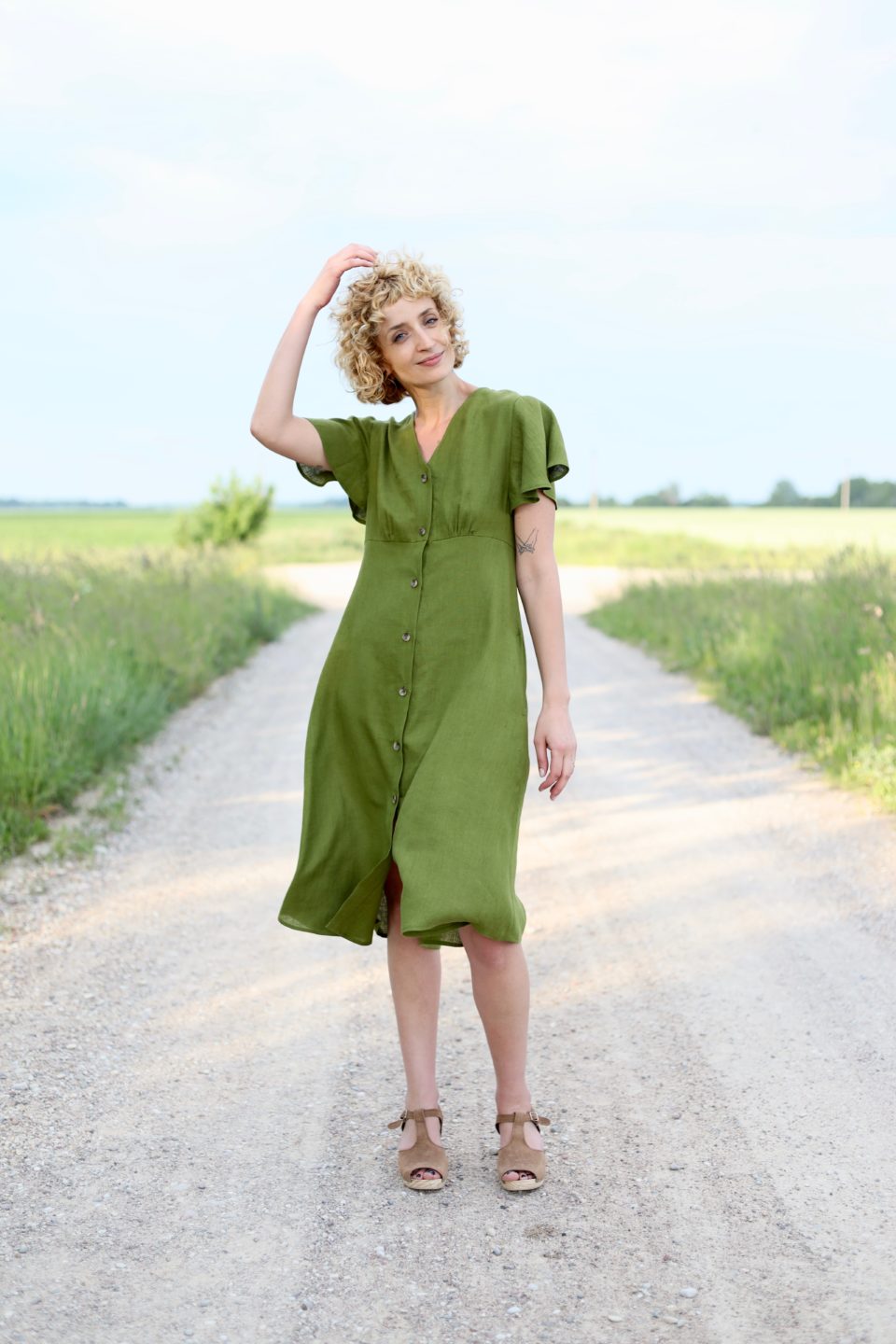 moss green color dress Linen with frill sleeves in This glamorous Linen dress with frill sleeves