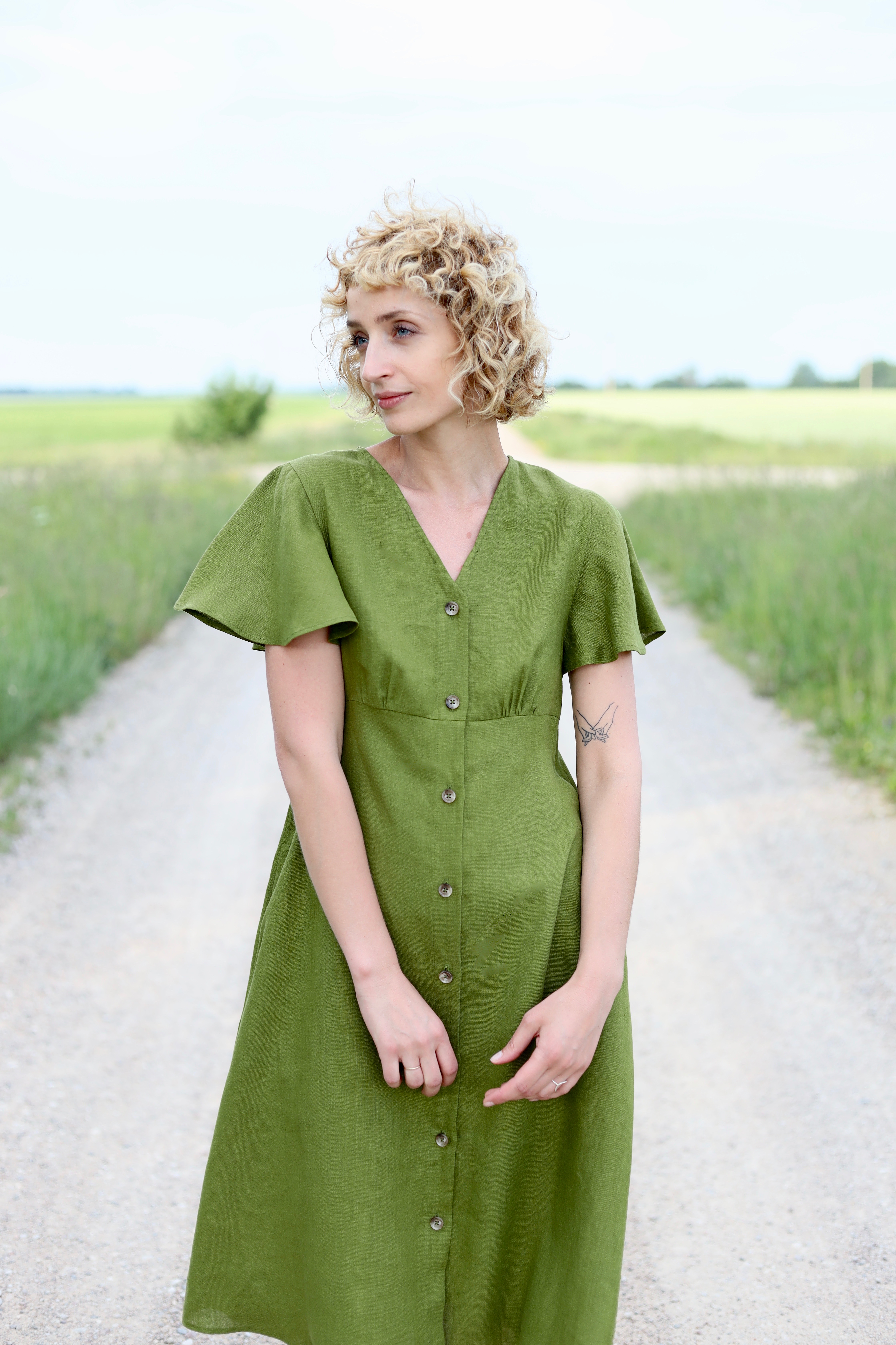 linen dress sleeves with frill in moss green color – OffOn Tex Standard 100 certified Long Sleeve Linen Dress ANNA