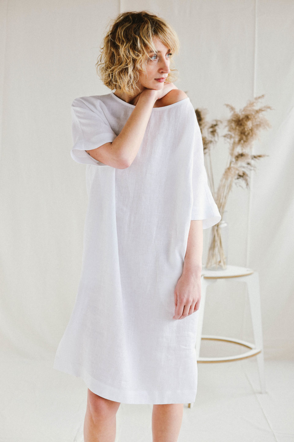 linen tunic dress Beige Oversized S/M    Large Stripe Rosa Linen Tunic