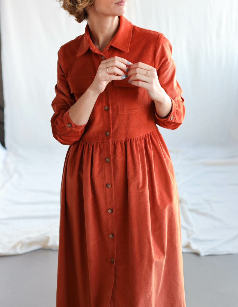 Needlecord long sleeve shirt dress in brick orange - Image 2