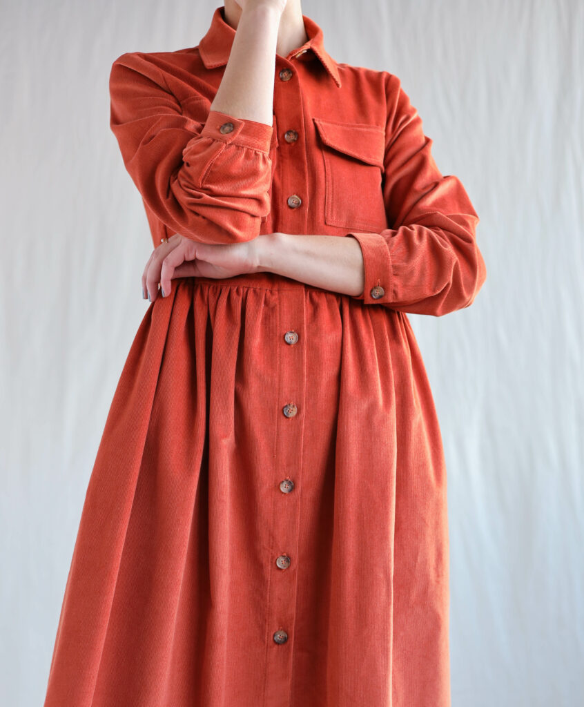 Needlecord long sleeve shirt dress in brick orange - Image 5
