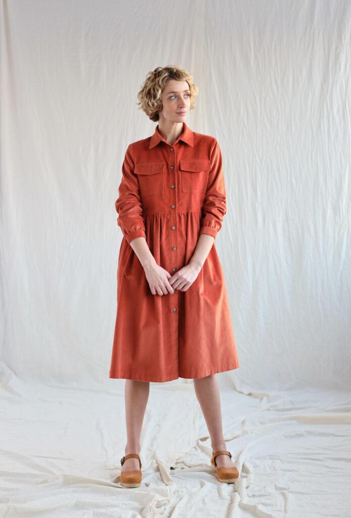 Needlecord long sleeve shirt dress in brick orange - Image 3