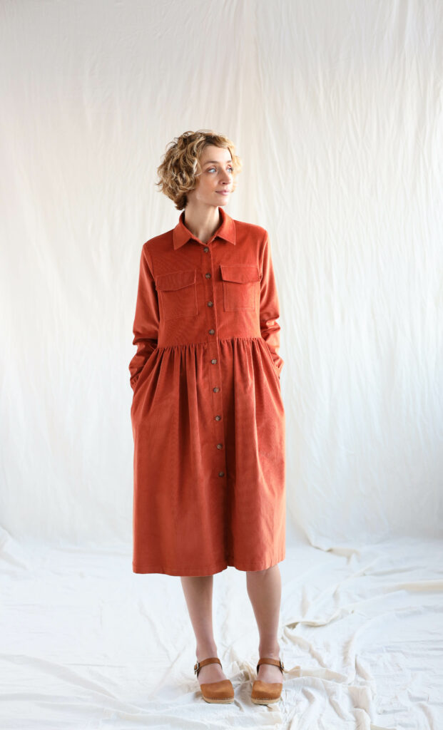 Needlecord long sleeve shirt dress in brick orange - Image 1