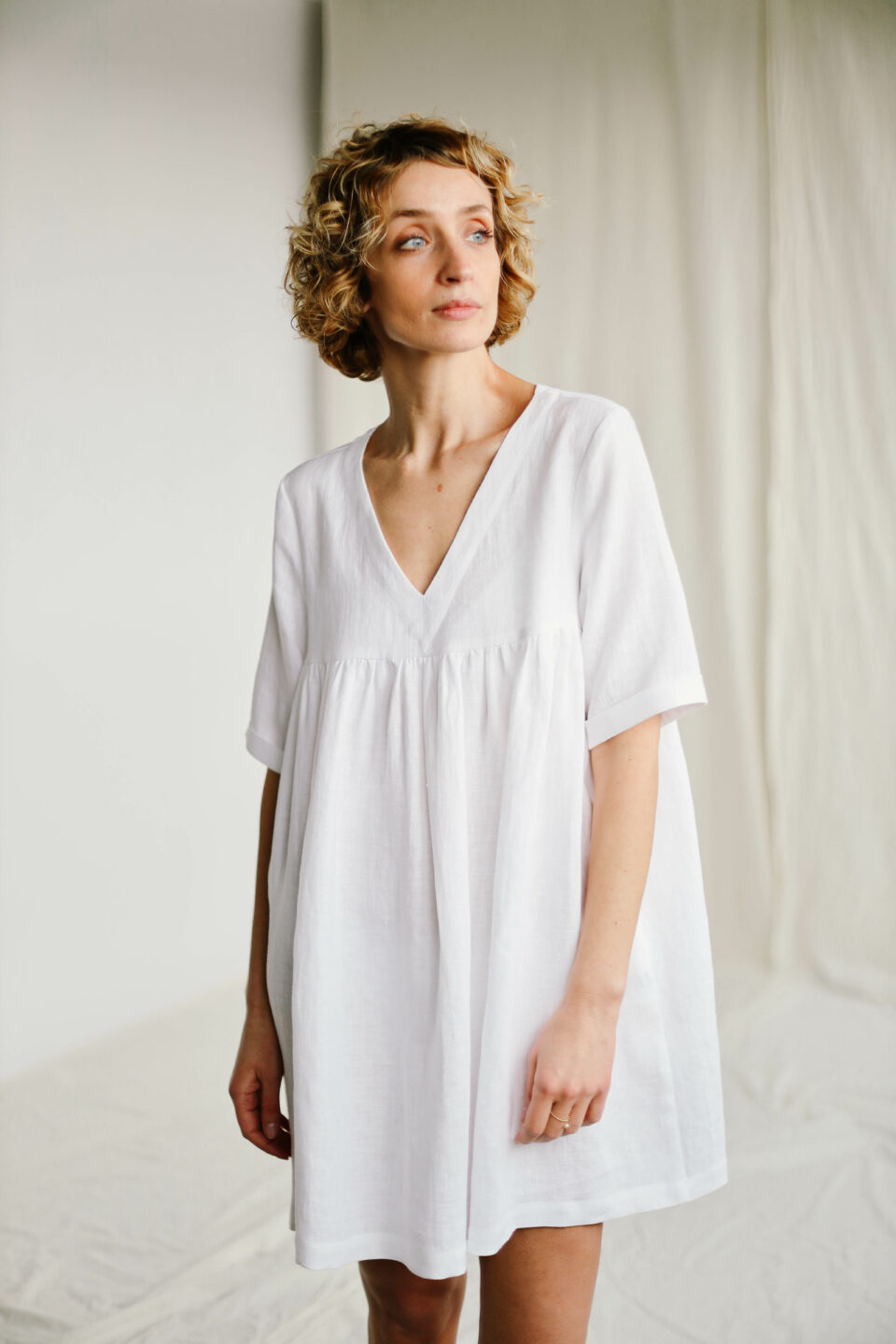 smock dress linen – riverside tool & dye gathered skirt with elegant topstitching detail Smock Linen Dress / Linen