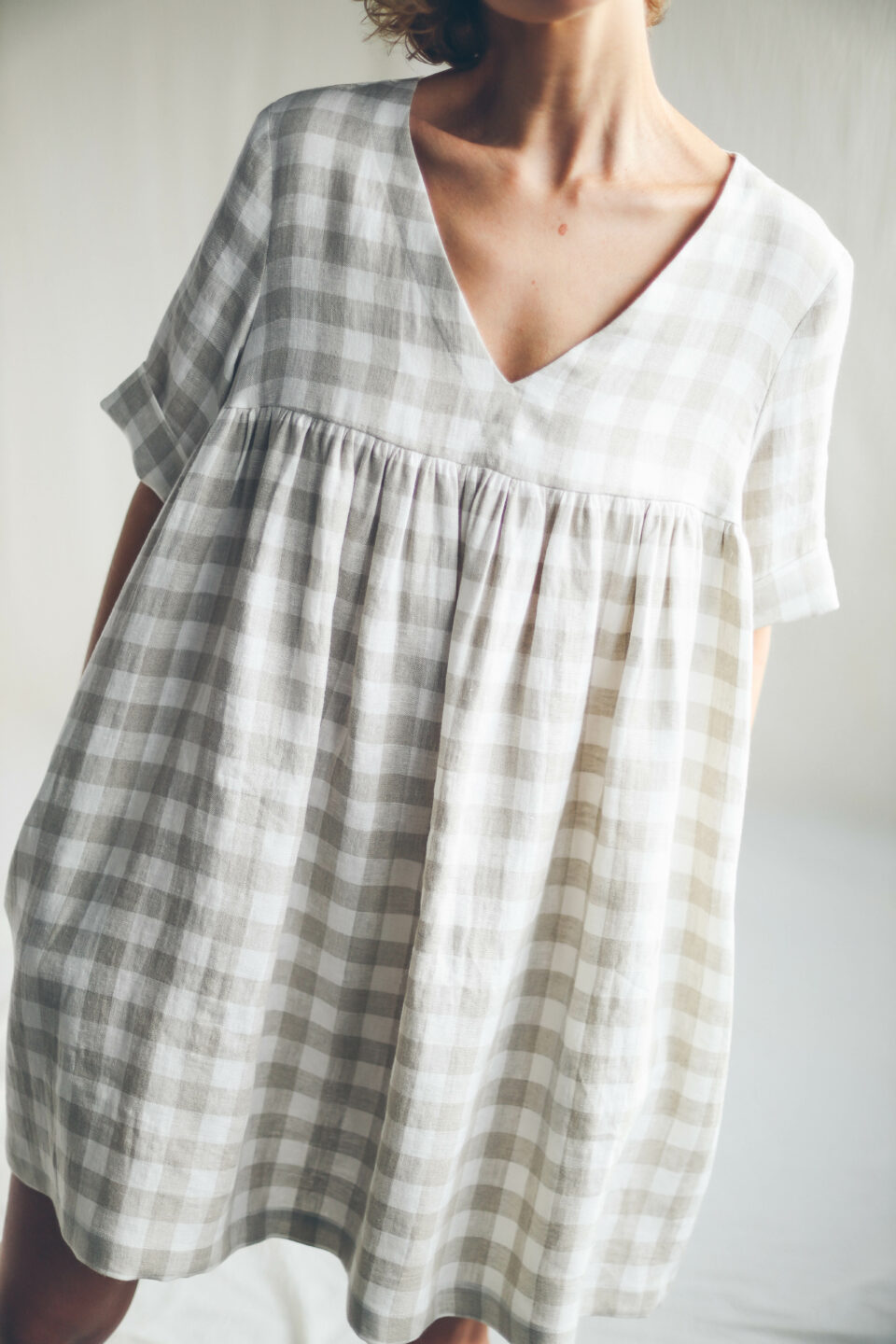 grey check linen dress Checkered smock mini CECILE – OffOn Formal gown