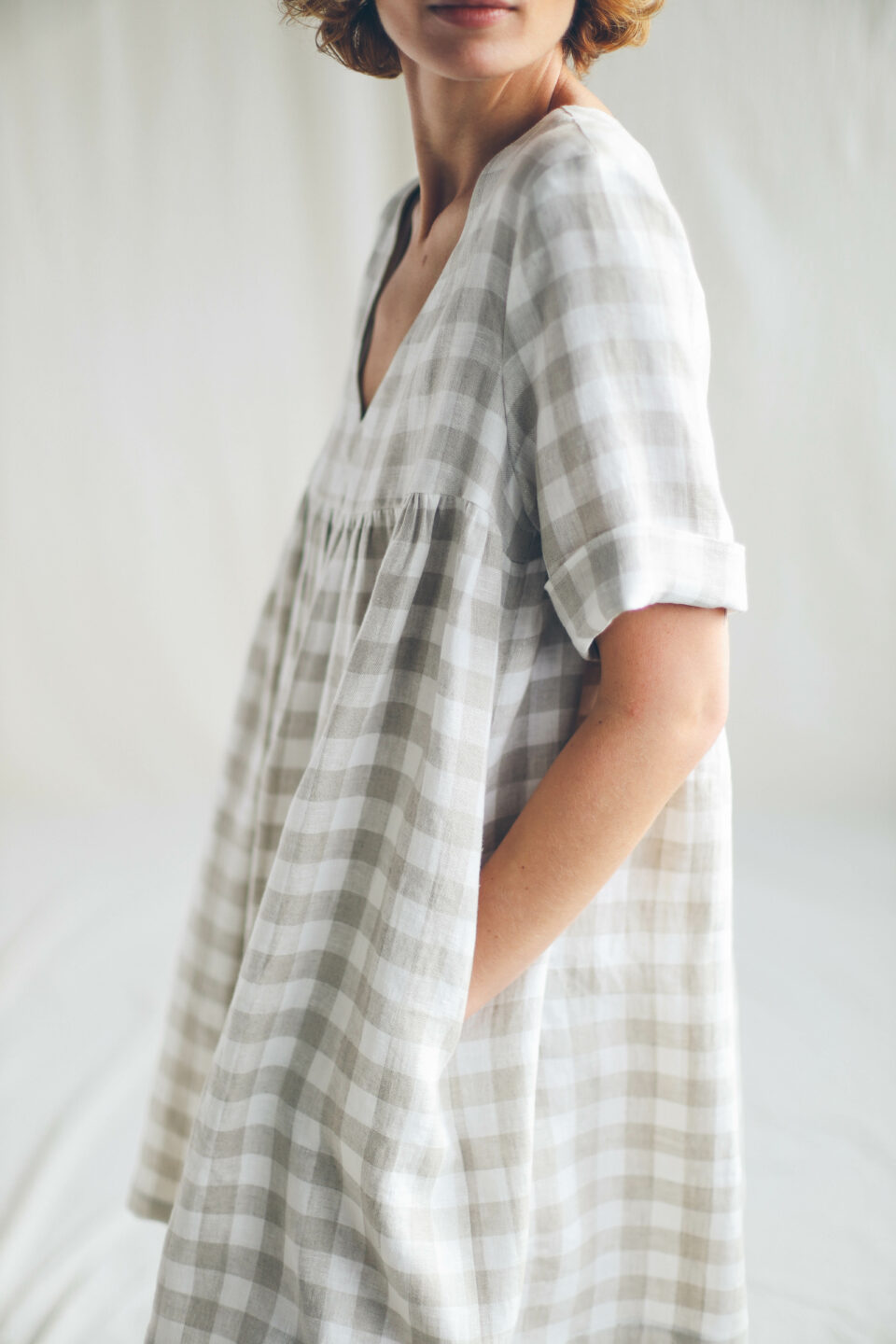 women grey check linen dress Checkered smock mini CECILE – OffOn Prom dress