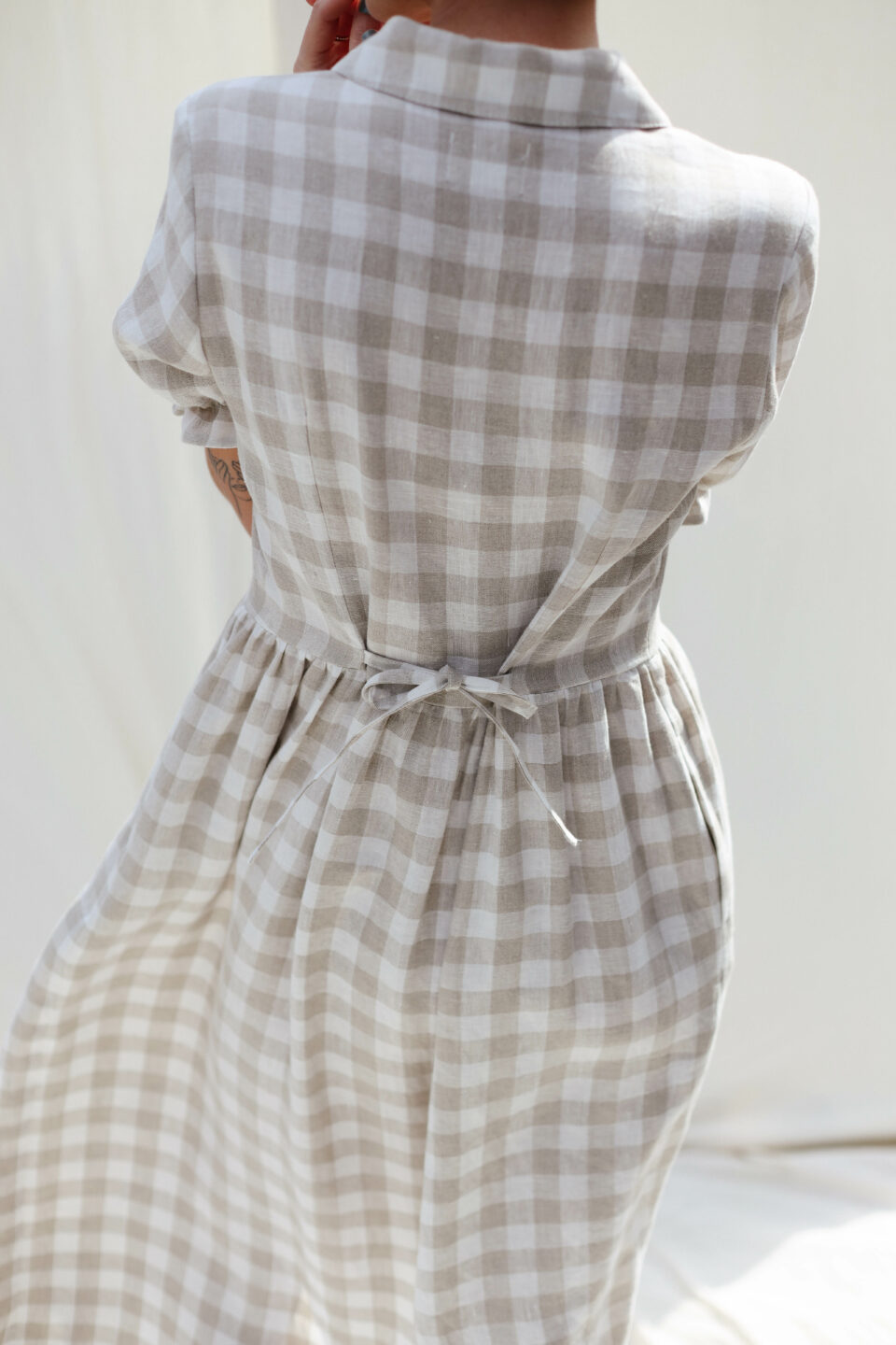 women grey check linen dress Checkered button down MAY – OffOn Prom dress