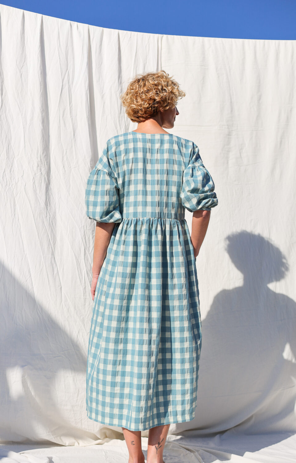 Mint seersucker checks V-neckline dress – OffOn