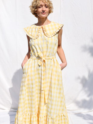 Collared sleeveless summer dress in yellow seersucker checks | Dress | Sustainable clothing | OffOn clothing