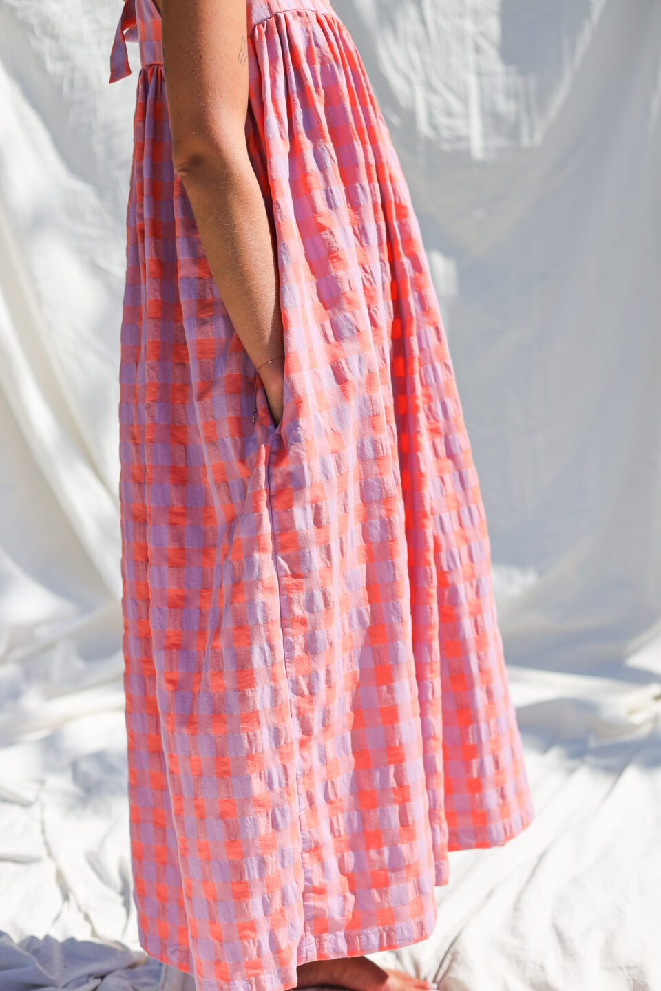 searsucker maxi dress Soleil Pleated Seersucker Sundress No. 14 flattering cinched waist and deep v Darcy Seersucker Maxi Dress