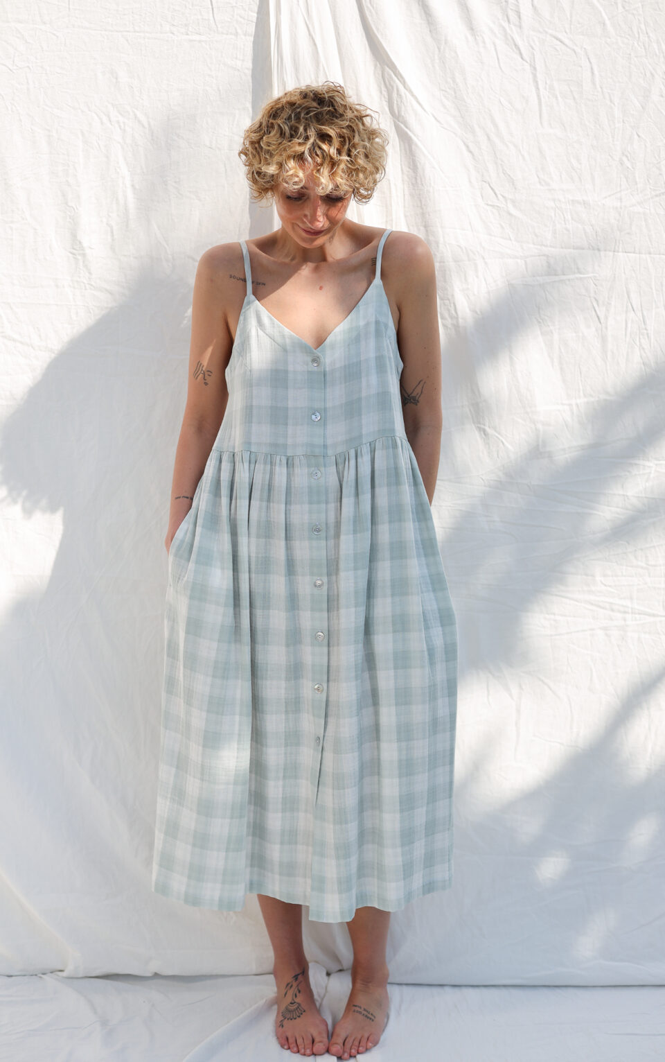 summer cotton dress for ladies Double gauze sleeveless sundress ELOISE – OffOn featuring delicate lace details for a soft Women's Organic Cotton Dresses |