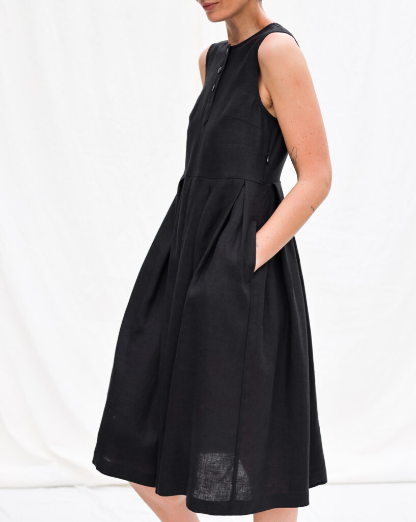 Sleeveless hand pleated skirt black linen dress JUNE - Image 1