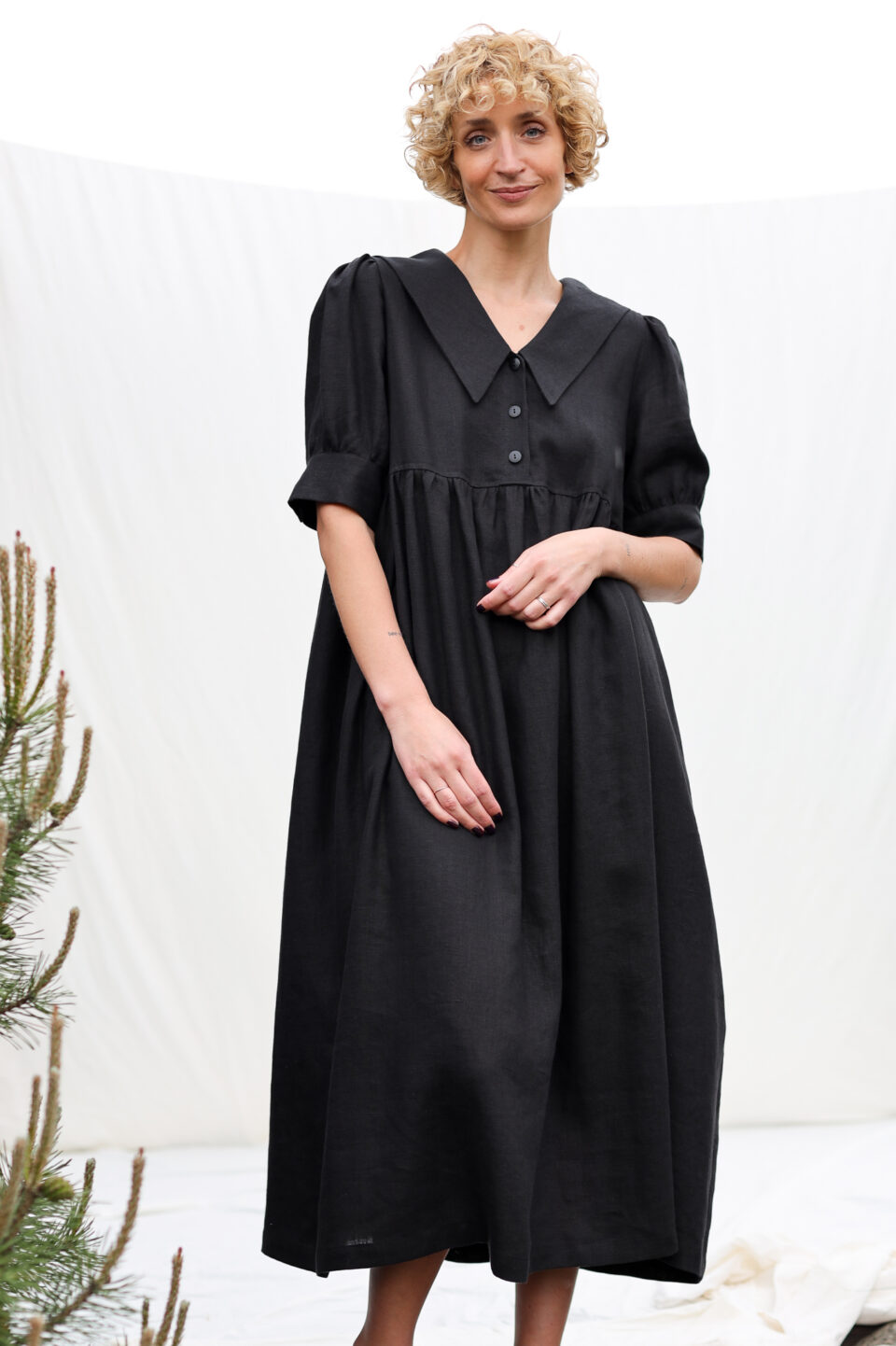 black linen dress with sleeves Puff Sleeved in Black, Linen Dress, Midi Dress, Linen Dress for Women, Linen Romantic Dress, Plus Size Linen Dress, M / Black blend fabric shapes this breezy dress that has a collared neckline and short Prairie Dress in Black Linen