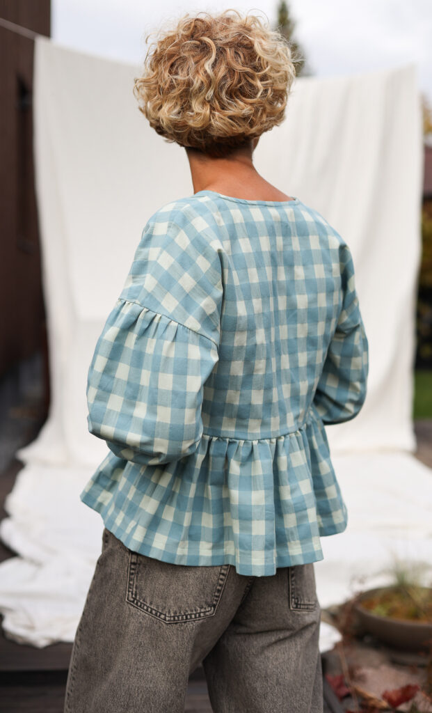 Gingham V-neck puffy sleeve blouse CLARA - Image 2