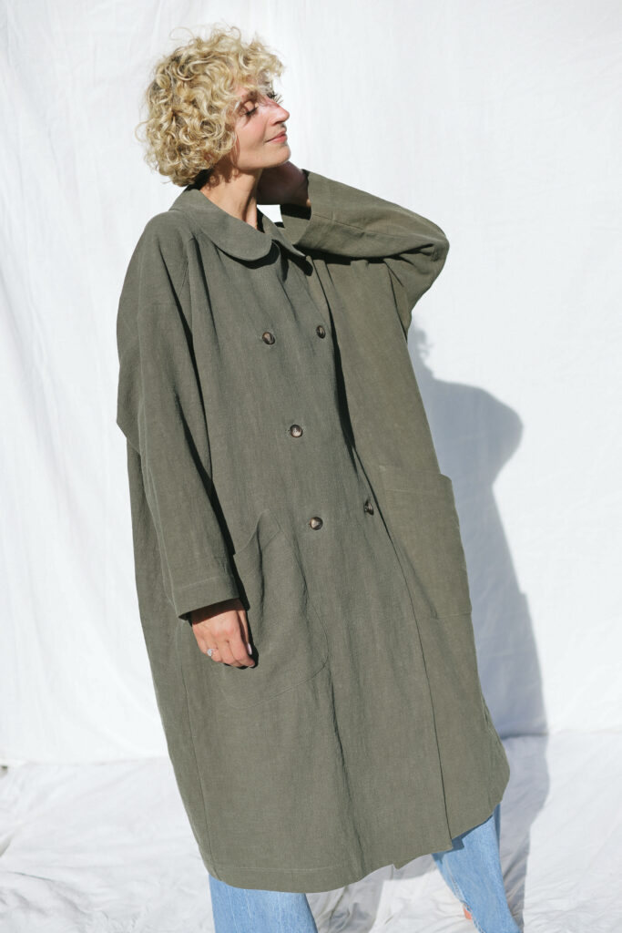 Heavy linen oversized coat in olive green color - Image 1