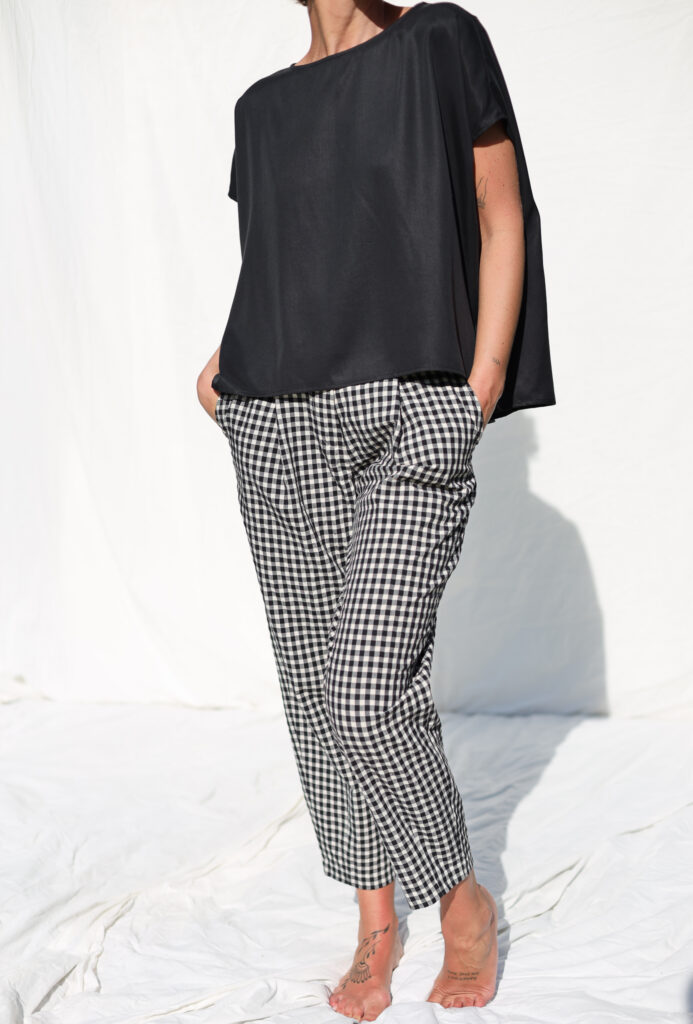 Gingham boxy seersucker cotton trousers | Trousers | Sustainable clothing | OffOn clothing