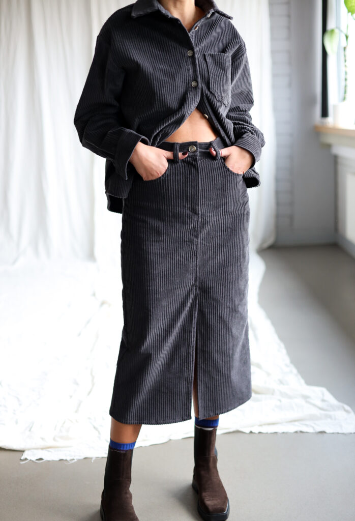 Charcoal grey wide cord pencil skirt | Skirt | Sustainable clothing | OffOn clothing