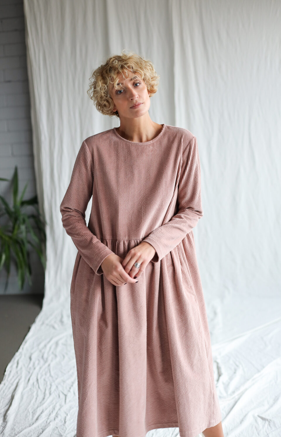 long sleeve loose dress Esperanza Plus Size Cream Beige / 2XL line long dress with a V Besolor Maxi Dress for Women