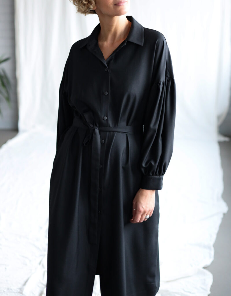 Black wool shirt dress with dropped puffy sleeves | Dress | Sustainable clothing | OffOn clothing