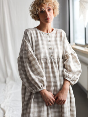 Checkered linen oversized voluminous sleeves dress GRETA | Dress | Sustainable clothing | OffOn clothing