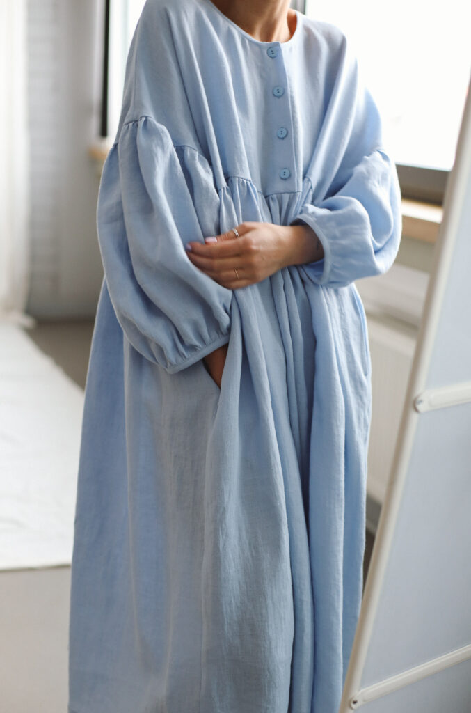 Sky Blue linen oversized voluminous sleeves dress GRETA - Image 5