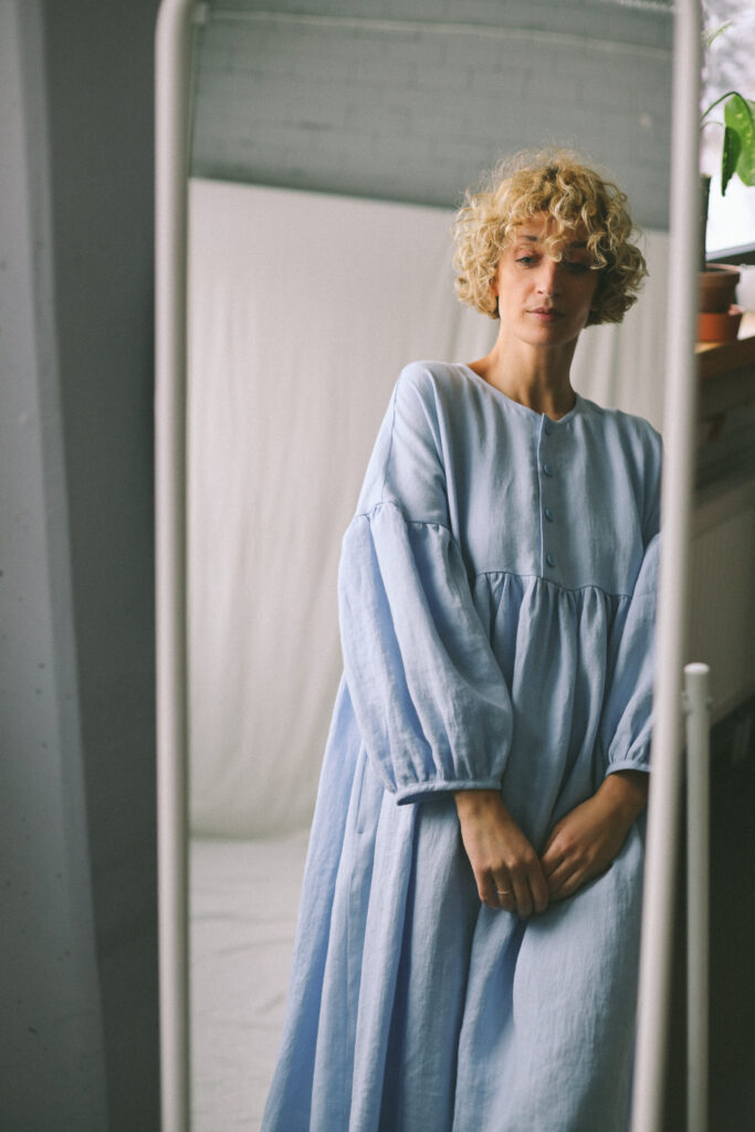 Sky Blue linen oversized voluminous sleeves dress GRETA - Image 6