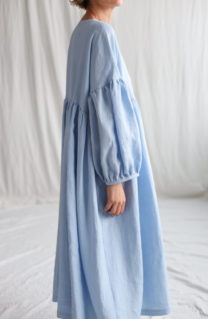 Sky Blue linen oversized voluminous sleeves dress GRETA - Image 4