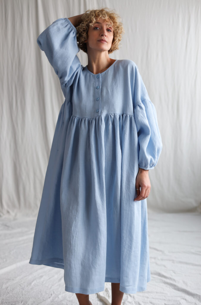 Sky Blue linen oversized voluminous sleeves dress GRETA - Image 2