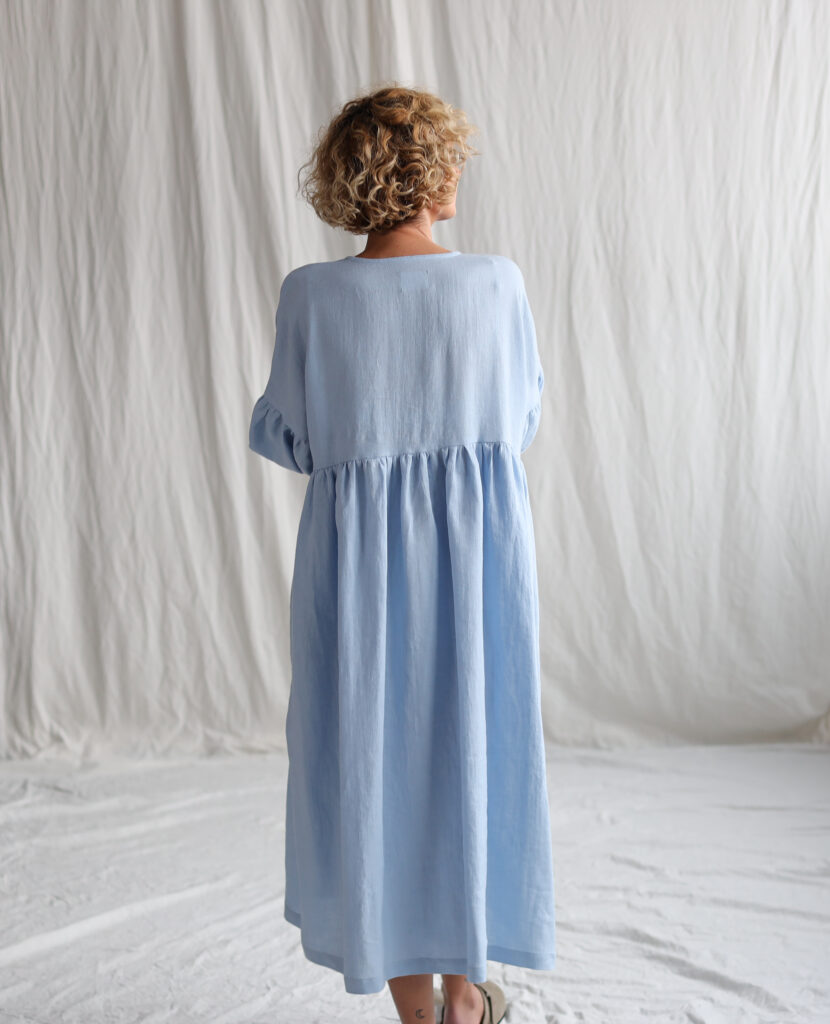 Sky Blue linen oversized voluminous sleeves dress GRETA - Image 3
