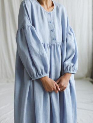 Sky Blue linen oversized voluminous sleeves dress GRETA | Dress | Sustainable clothing | OffOn clothing