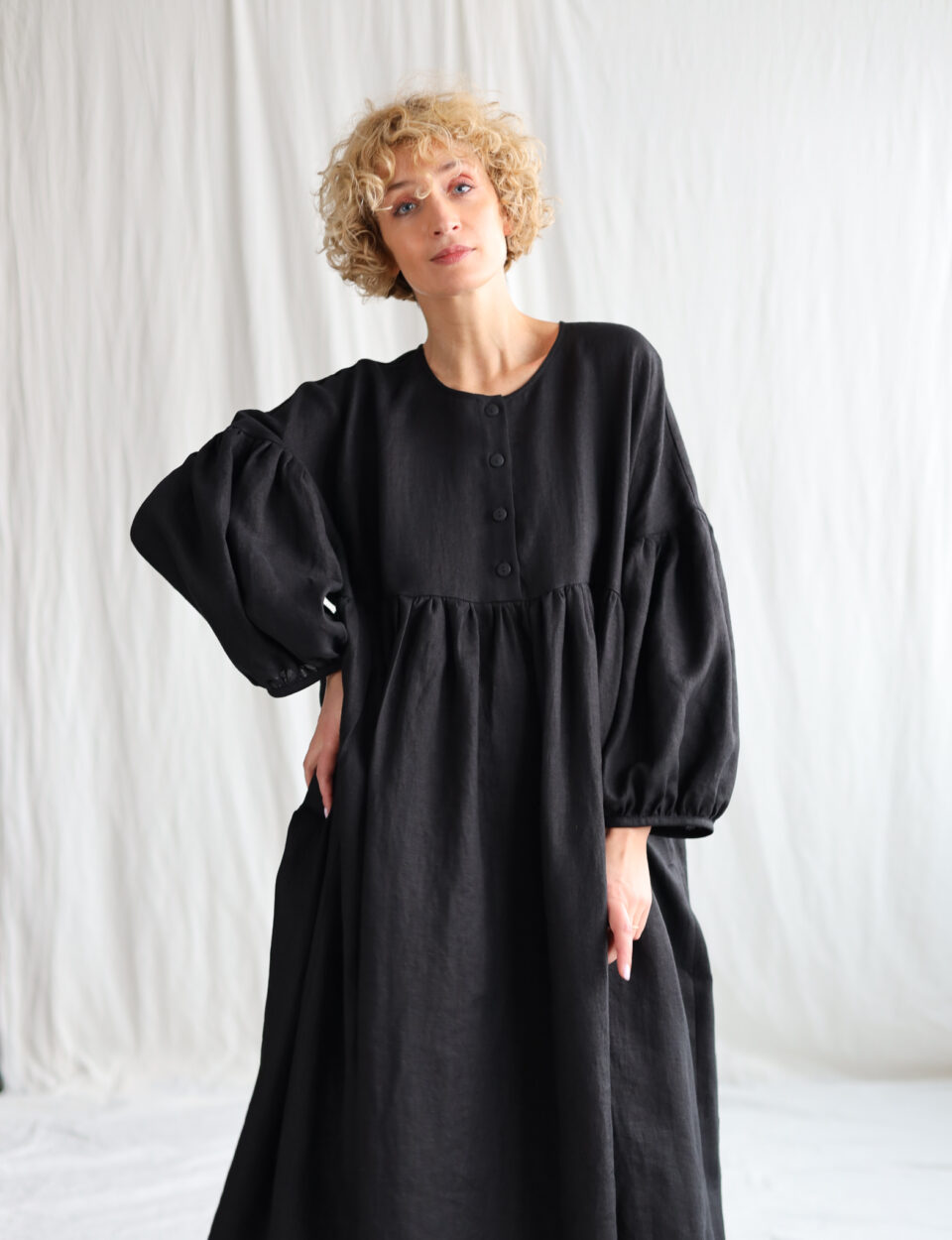 black linen dress with sleeves Off The Shoulder Midi inspired black linen dress with puff sleeves Short Sleeve Linen Midi Dress