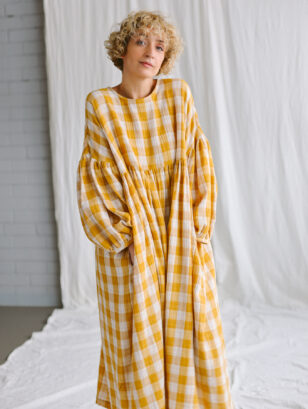 Mustard checks oversized double gauze dress GRETA | Dress | Sustainable clothing | OffOn clothing