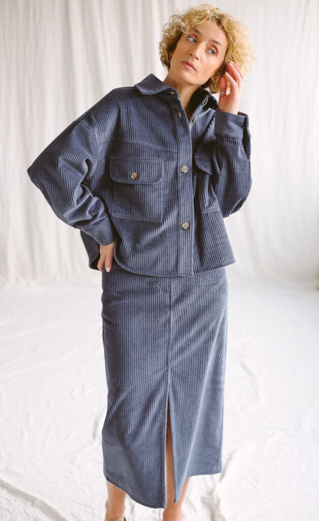 Denim blue wide cord pencil skirt | Skirt | Sustainable clothing | OffOn clothing