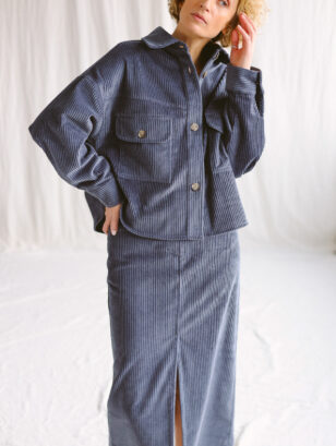 Denim blue wide cord pencil skirt | Skirt | Sustainable clothing | OffOn clothing