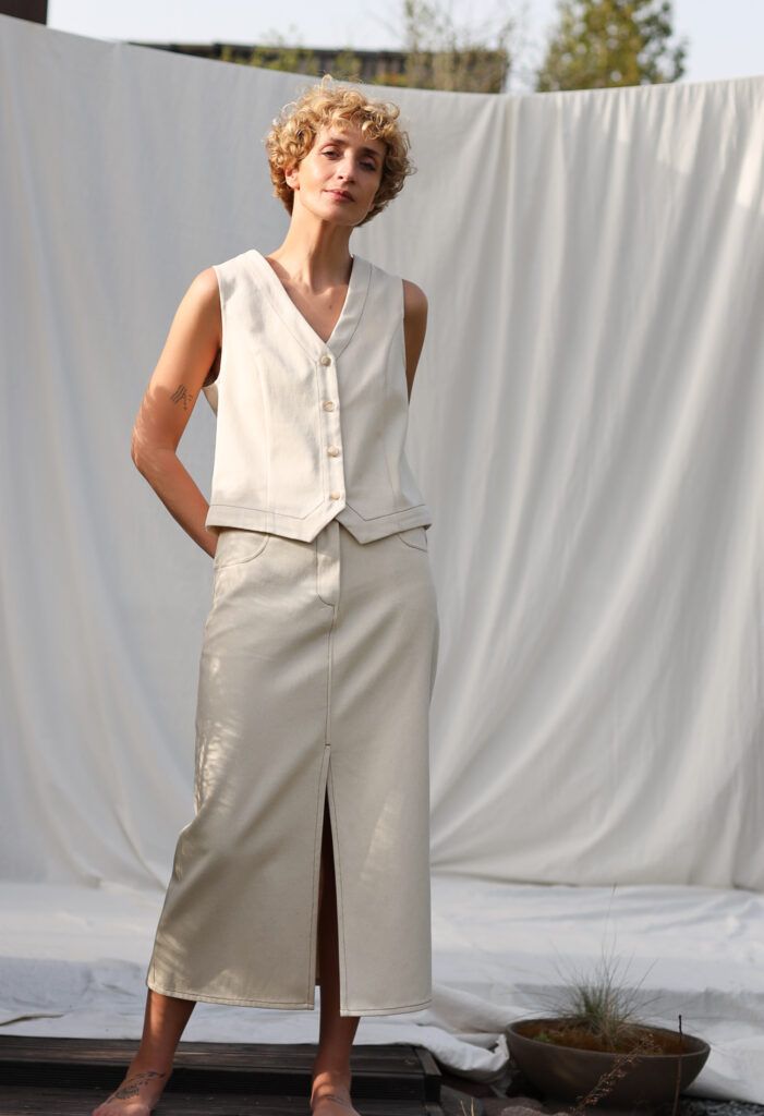 Natural canvas cotton contrast stitch pencil skirt - Image 4