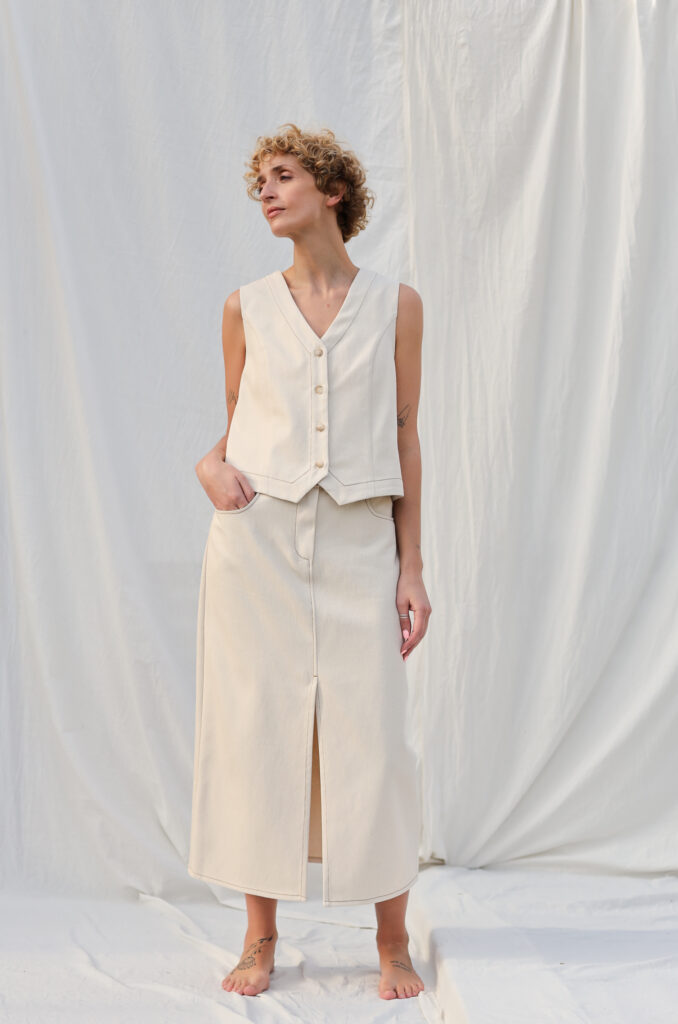 Natural canvas cotton contrast stitch pencil skirt - Image 1