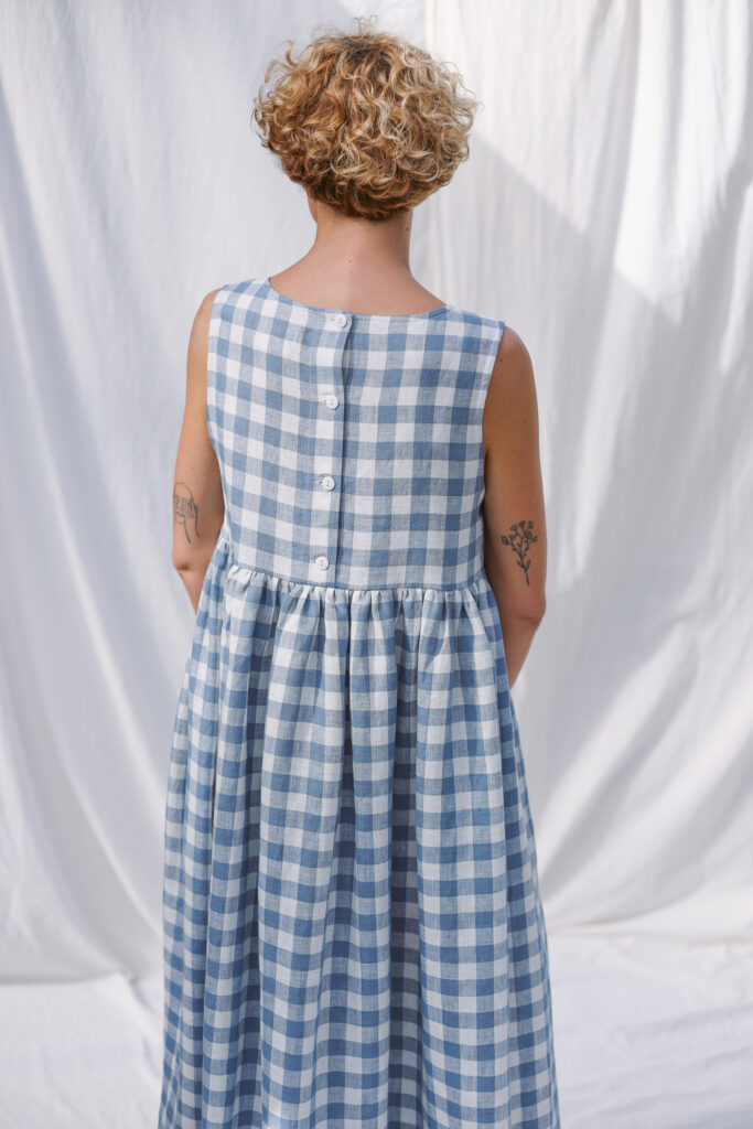 Linen light blue checks sleeveless smock dress - Image 1