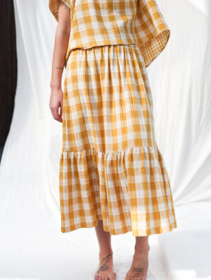 Double gauze mustard checks skirt with elastic waistband | Skirt | Sustainable clothing | OffOn clothing