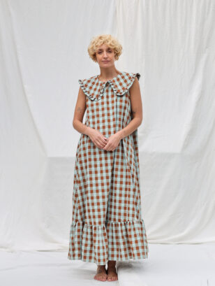 Puritan collar A line Maxi seersucker checks dress PHOEBE