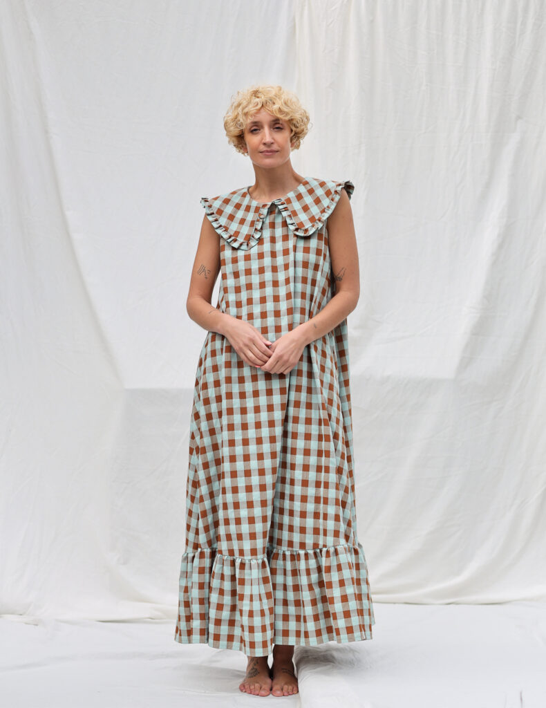 Puritan collar A line Maxi seersucker checks dress PHOEBE