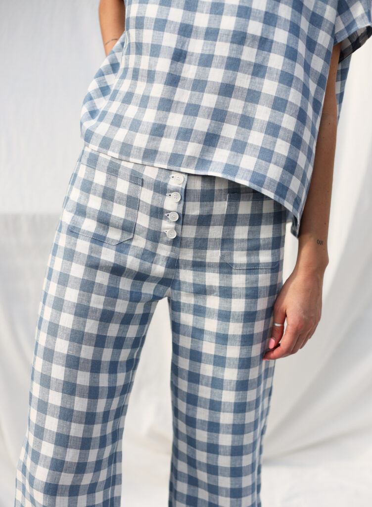 Checkered linen oversized short sleeve top - Image 6