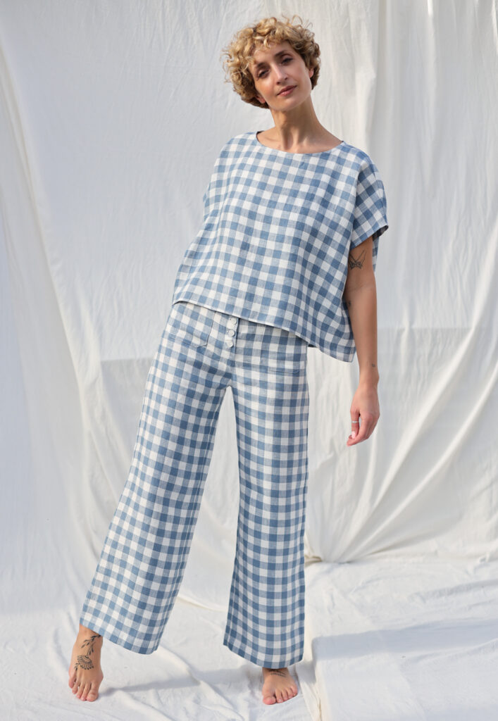 Checkered linen oversized short sleeve top - Image 5