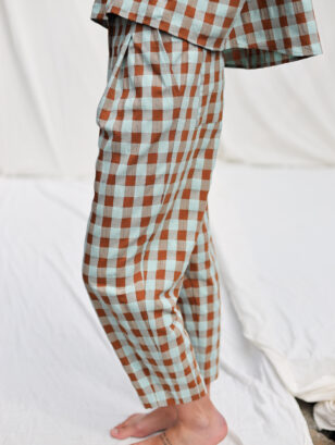 Boxy seersucker checks tapered leg trousers | Trousers | Sustainable clothing | OffOn clothing