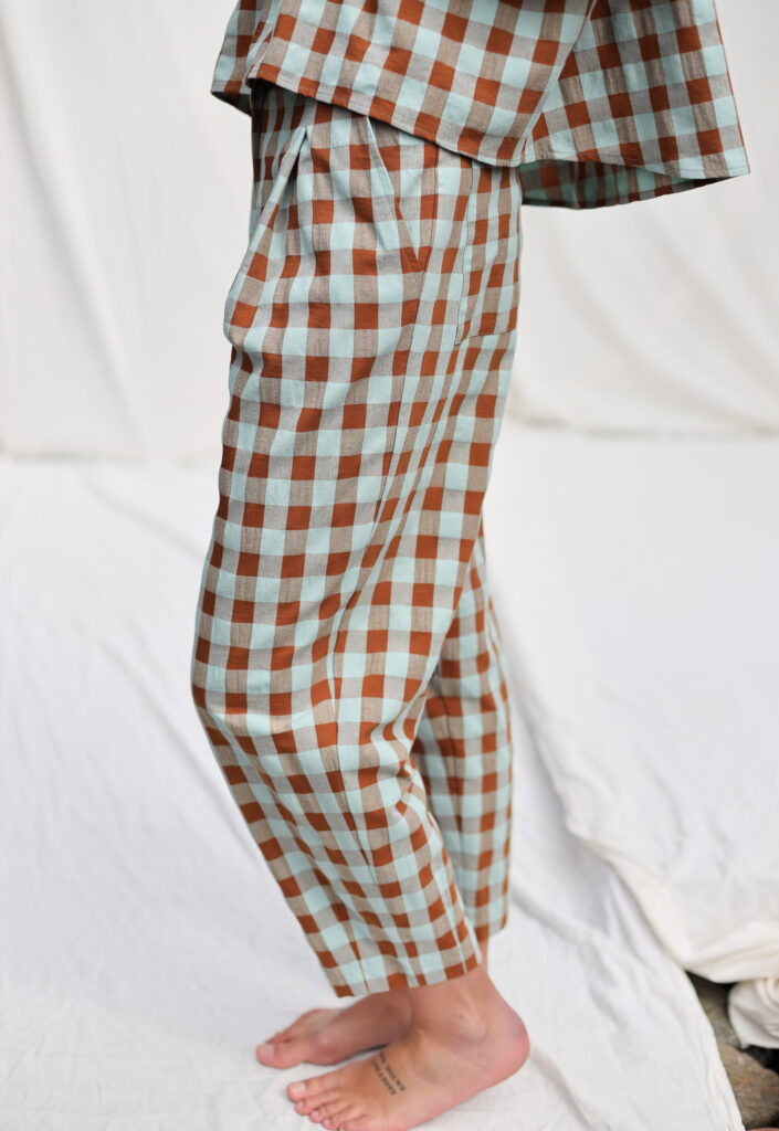 Boxy seersucker checks tapered leg trousers | Trousers | Sustainable clothing | OffOn clothing
