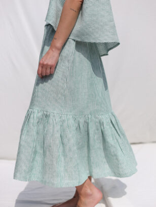 Linen ruffled hem skirt in green stripes | Skirt | Sustainable clothing | OffOn clothing
