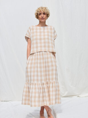 Elasticated waist ruffled hem skirt in beige double gauze checks | Skirt | Sustainable clothing | OffOn clothing